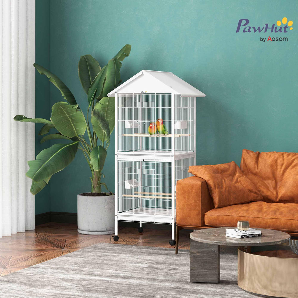 PawHut Wrought Metal Bird Cage Feeder with Rolling Stand Doors 67" H White