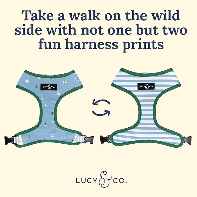Lucy & Co. Reversible Dog Harness - Water-Repellent Neoprene, Dual-Print Design, Easy Swap Style, Adjustable Comfort Fit - Set Sail Reversible Harness - X-Large