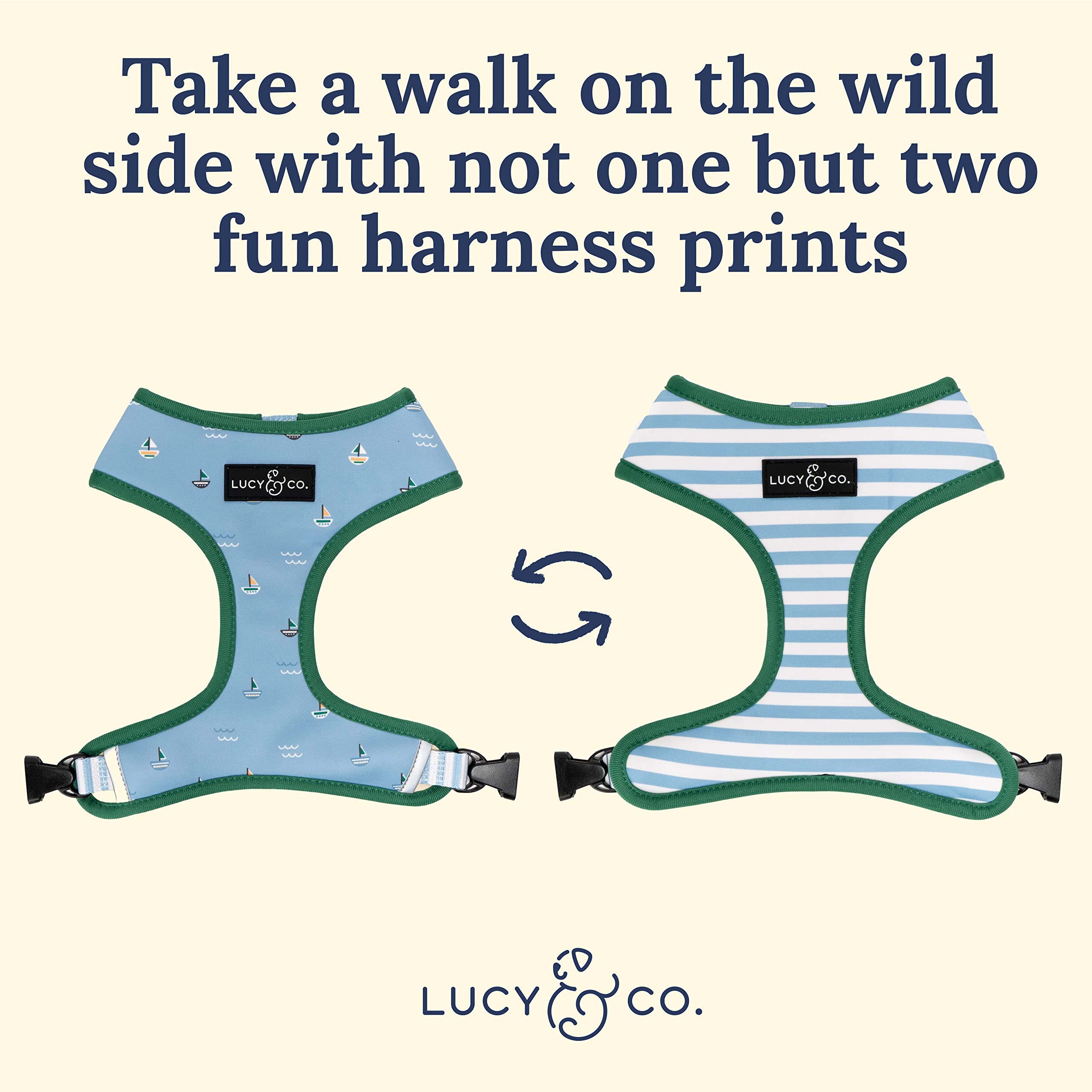Lucy & Co. Reversible Dog Harness - Water-Repellent Neoprene, Dual-Print Design, Easy Swap Style, Adjustable Comfort Fit - Set Sail Reversible Harness - Small
