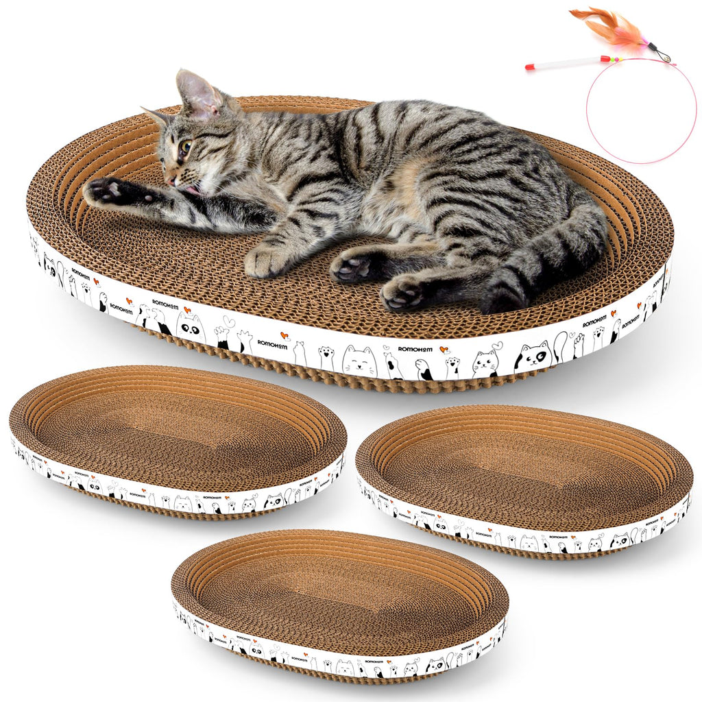 Romohom 3 Pack Oval Cardboard Cat Scratcher & Lounger Bed, High-Density Cat Scratching Board & Lounge Bed, Ergonomic Scratch Pads for Indoor Cats Claws Care, Furniture Couch Protector from Cat Claws
