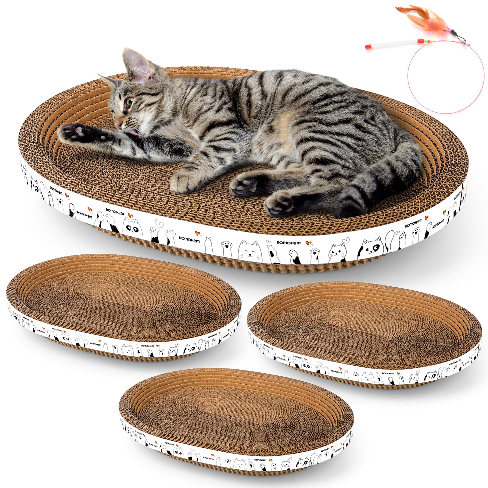 Romohom 3 Pack Oval Cardboard Cat Scratcher & Lounger Bed, High-Density Cat Scratching Board & Lounge Bed, Ergonomic Scratch Pads for Indoor Cats Claws Care, Furniture Couch Protector from Cat Claws