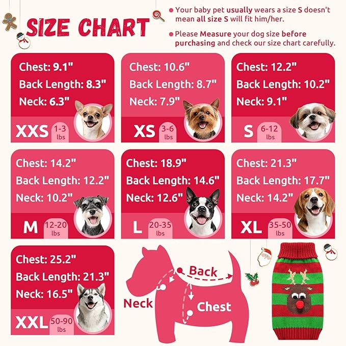 Dog Cat Christmas Sweater Boy Girl Ugly Reindeer Xmas Pet Clothes Holiday Puppy Costume New Year Gifts for Small Medium Large Dogs Outfits (M, Red Green Stripe Reindeer)