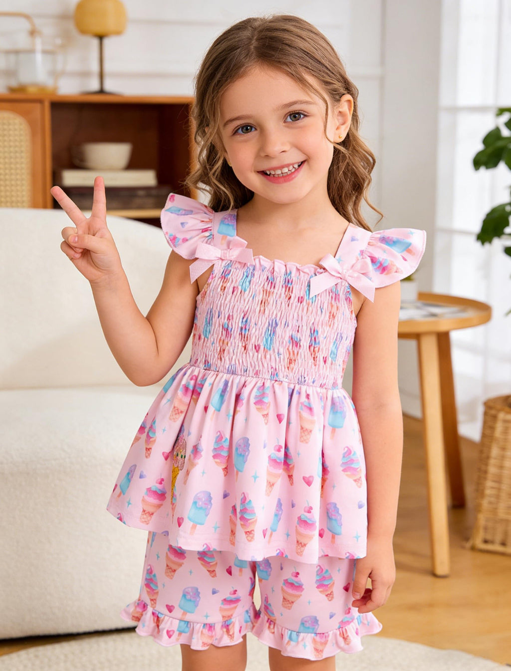 Popshion Toddler Girl Clothes Baby Girl Summer Outfits Ruffle Sleeveless Ice Cream Shirts Tops Shorts Set for Girl Pink Clothing Size 7t/2234