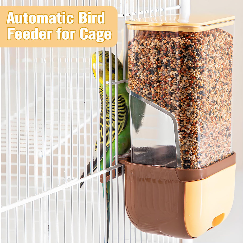 BNOSDM No Mess Bird Automatic Feeder Bird Cage Feeders Parrot Cage Accessories Transparent Seed Food Container with Perch for Finches, Parakeets, Budgies, Lovebirds, Cockatoos, Canaries (Brown)