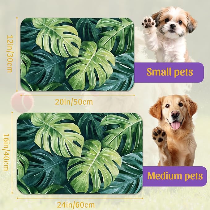 Tropical Palm Leaves Pet Feeding Mat, Absorbent Quick-Dry Dog Cat Bowl Mat, Non-Slip Bottom, Indoor Use – 12x20 Inch