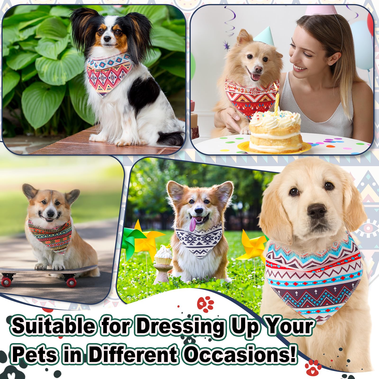 Amylove 120 Pcs Dog Bandanas Bulk Holiday Triangle Dog Pack Puppy Kerchief Bandana Adjustable Summer Pet Scarf for Pet Cat Costume Accessories Decor(Geometry)