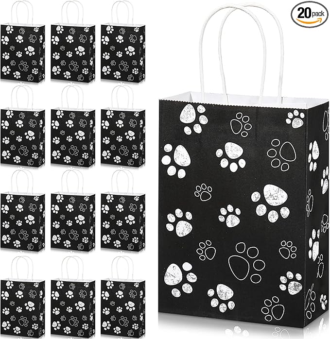 Blulu 20 Pcs Puppy Dog Paw Gift Bags with Paper Twist Handles, Dog Gift Paper Paw Treat Goodie Bags for PET Treat Party Favor, 6.3 x 3.1 x 8.6 Inch(Black Backing)