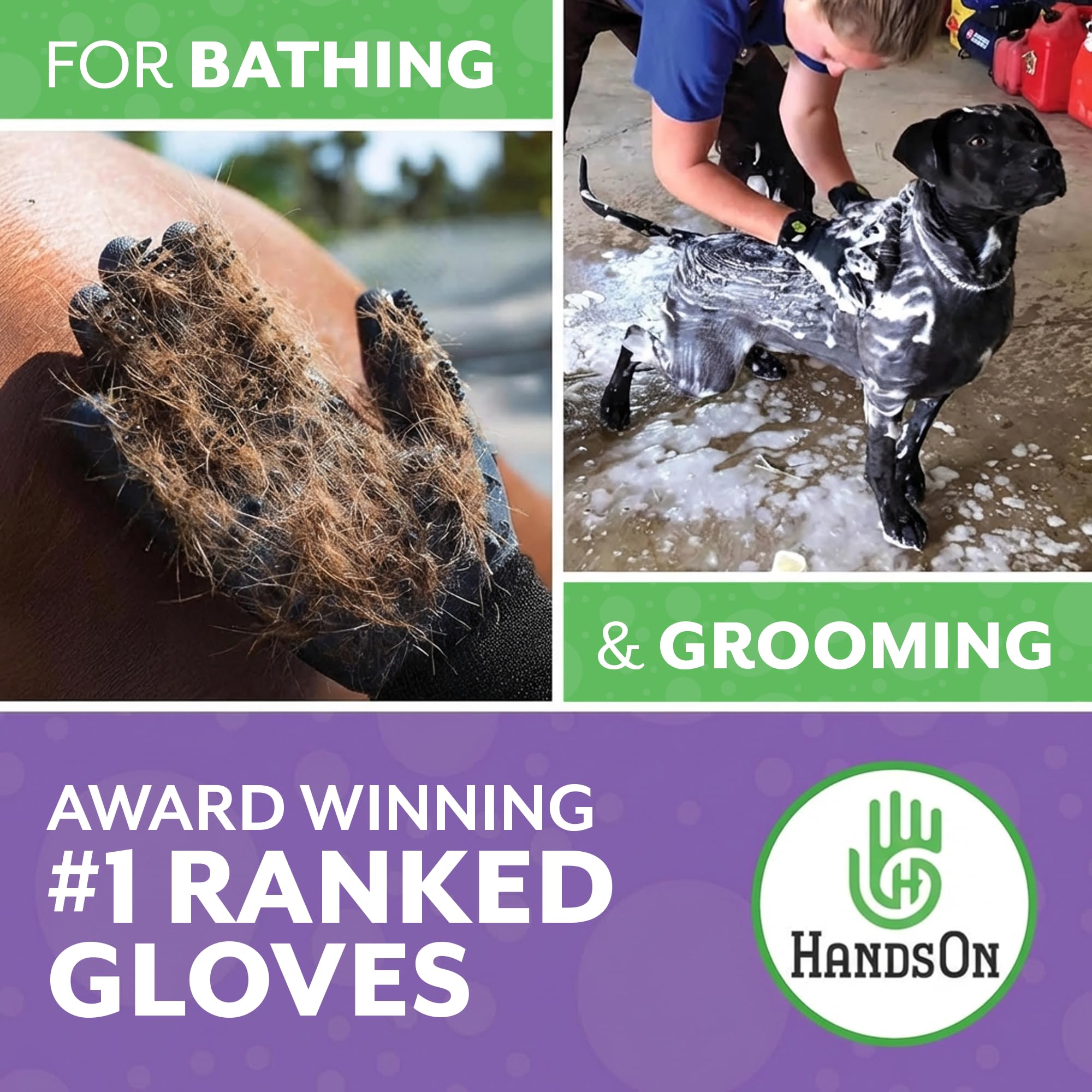 H HANDSON Pet Grooming Gloves - Patented #1 Ranked, Award Winning Shedding, Bathing, & Hair Remover Gloves - Gentle Brush for Cats, Dogs, and Horses (Purple, Large)