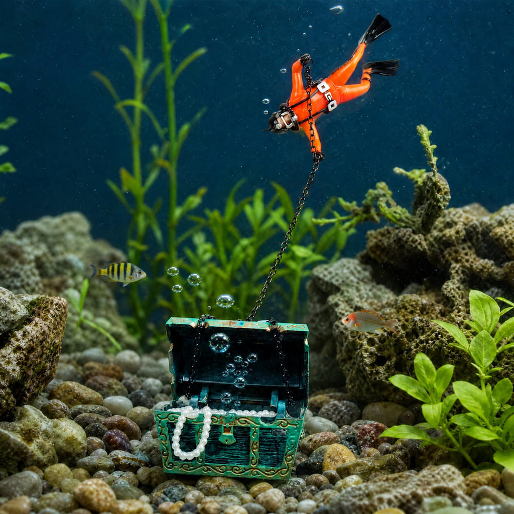 Eyech Live-Action Aquarium Ornament Creative Undersea Treasure Chest Diver Air Bubbler Aerating for Fish Tank Decorations Orange Color