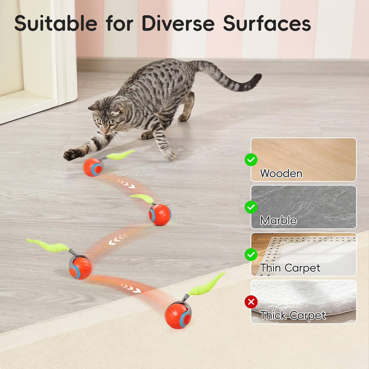 Potaroma Moving Ball Cat Toys with Feather Tail, Rechargeable