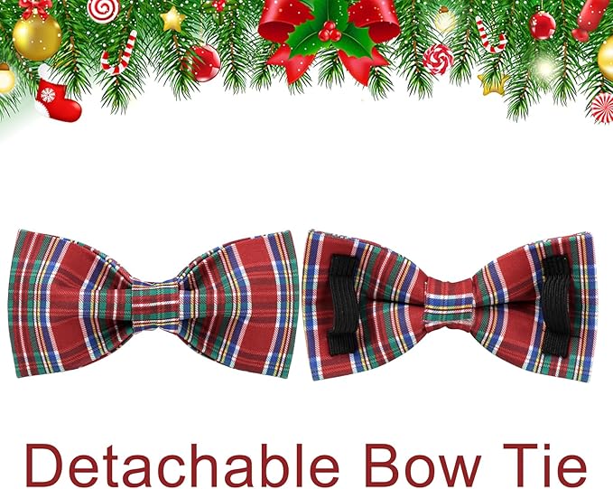 UP URARA PUP Christmas Plaid Dog Collar with Bow, Red and Blue Check Adjustable Pet Collar with Quick Release, Christmas Stripes Bowtie Collar for Small Medium Large Dogs XS