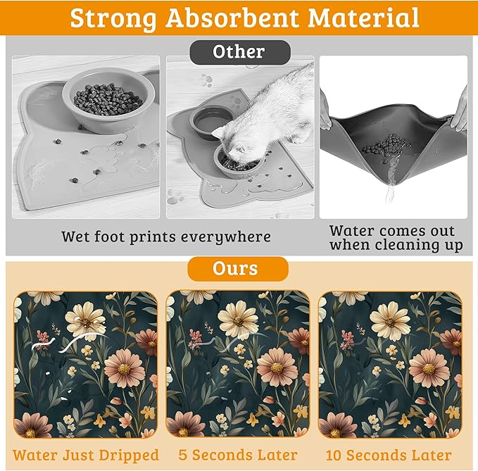 Dog Bowl Mat,Brown Flowers Pet Feeding Mat for Floors Waterproof,White Absorbent Dogs Placemat for Food and Water Quick Dry Pet Cat Feeding Mats with Non Slip Bottom 12" x 20"