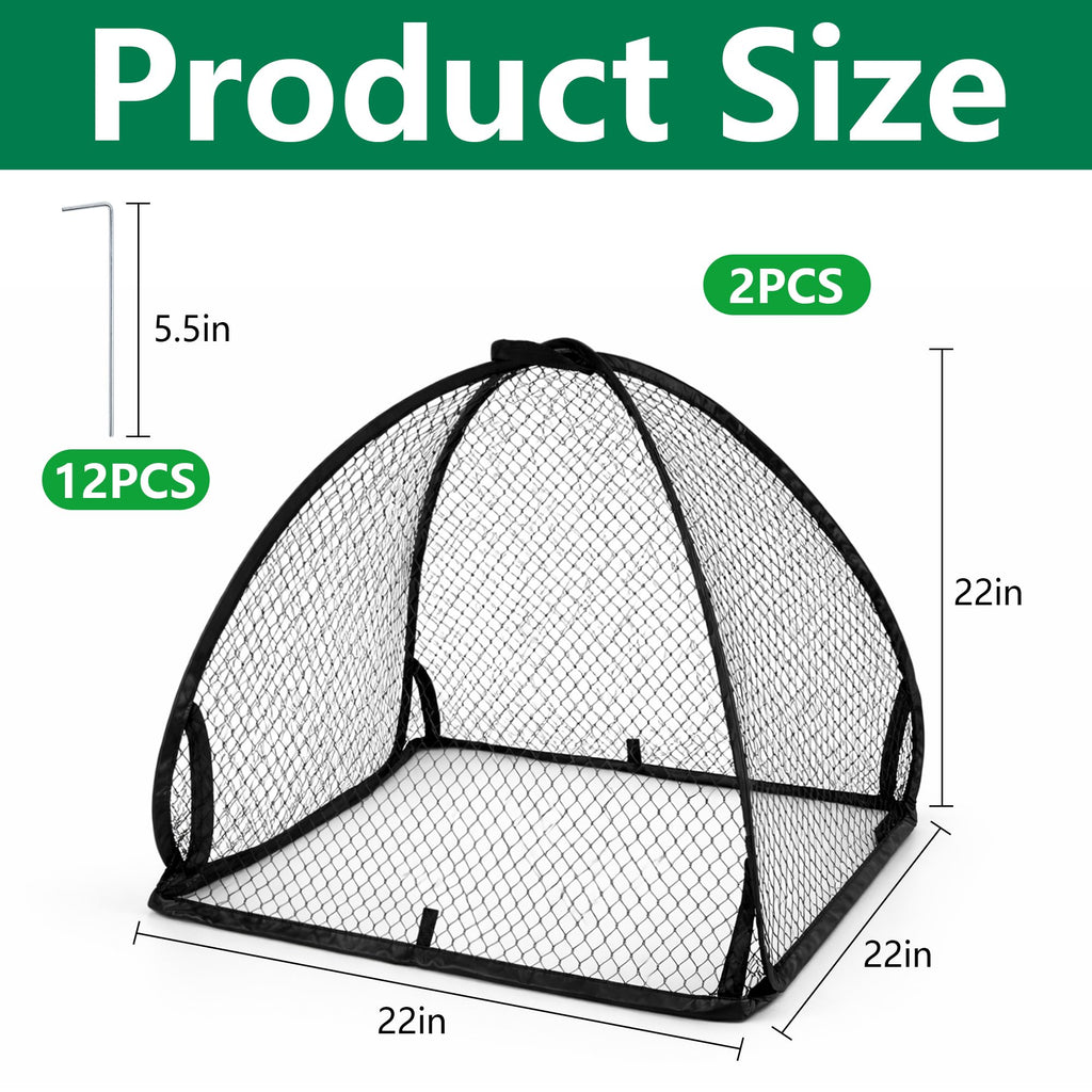 DECOHS 2 Pcs Pop-Up Mesh Plant Cover Tent, 22 x 22 x 22 Inch Garden Net Cage Guard Cover, Plant Protector Enclosure with 12 Ground Stakes for Protecting Plants Vegetable Fruit from Birds Insects