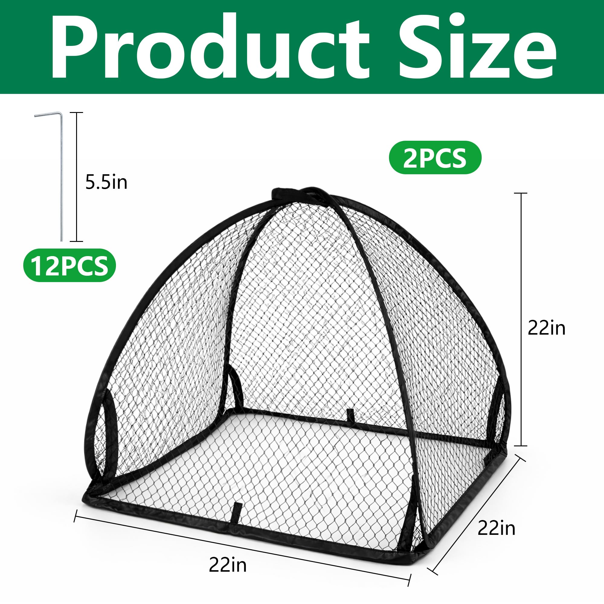 DECOHS 2 Pcs Pop-Up Mesh Plant Cover Tent, 22 x 22 x 22 Inch Garden Net Cage Guard Cover, Plant Protector Enclosure with 12 Ground Stakes for Protecting Plants Vegetable Fruit from Birds Insects