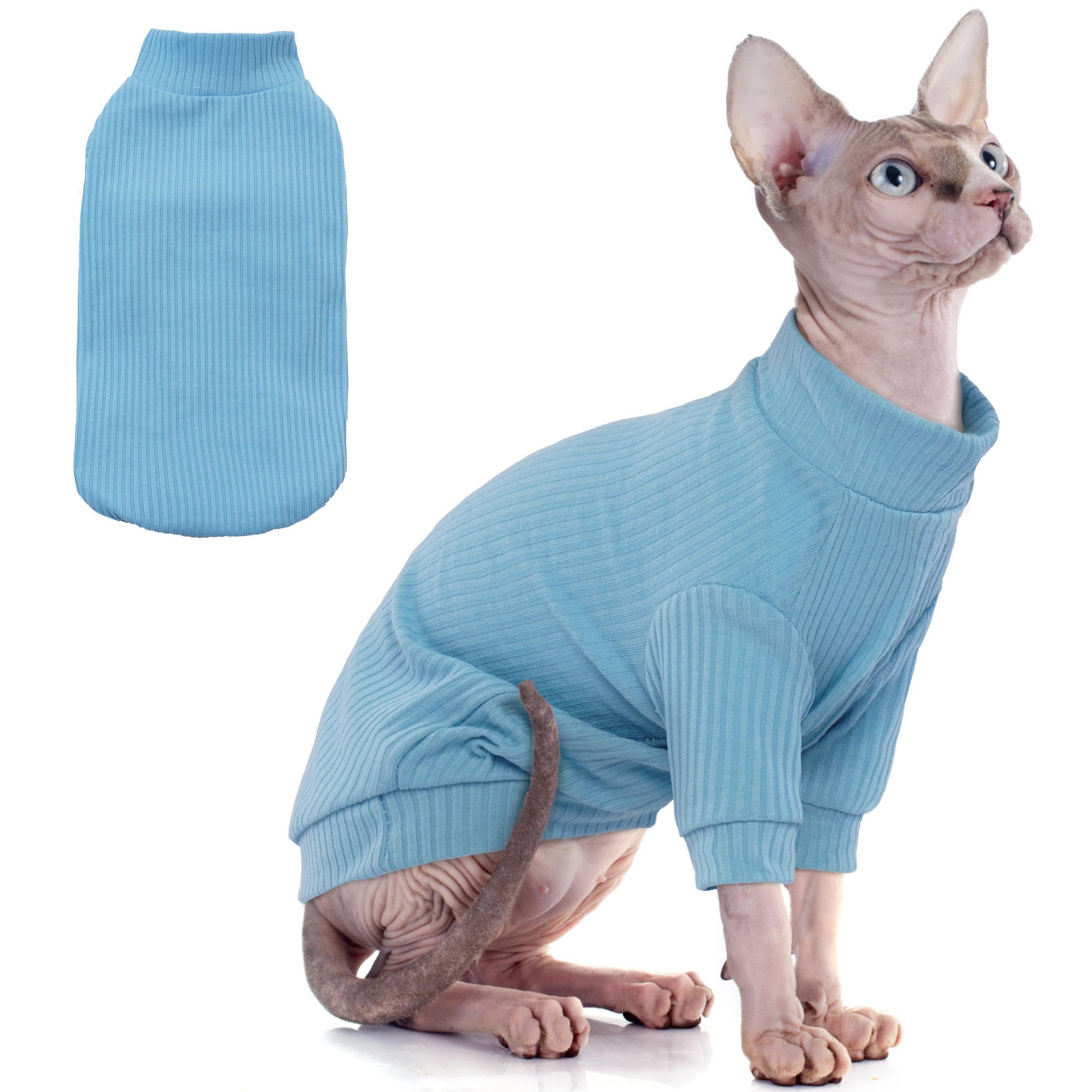 PUMYPOREITY Cat Clothes: Stretchy Shirt, Sweater with Sleeves, Soft Pullover Pajama for Sphynx, Devon Rex Cats - Blue, XS