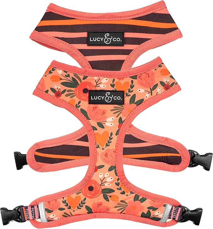 Lucy & Co. Reversible Dog Harness - Water-Repellent Neoprene, Dual-Print Design, Easy Swap Style, Adjustable Comfort Fit - Posy Pink Reversible Harness - X-Large