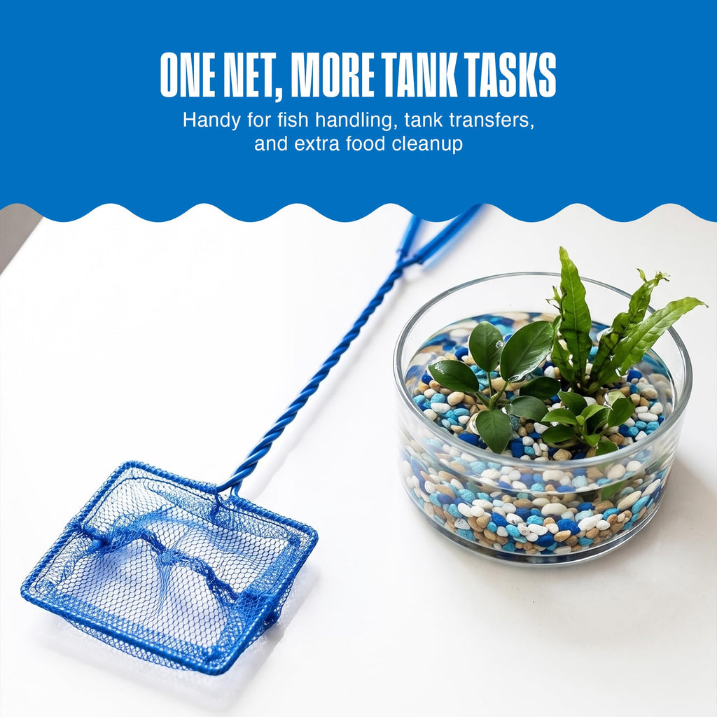 Penn-Plax Quick-Net Aquarium Fish Net - 5 x 4 in Fine Mesh, 16 in Vinyl-Covered Braided Long Handle - Small Aquarium Cleaning Tool for Gentle Fish Handling - Use in Freshwater & Saltwater Tanks - Blue
