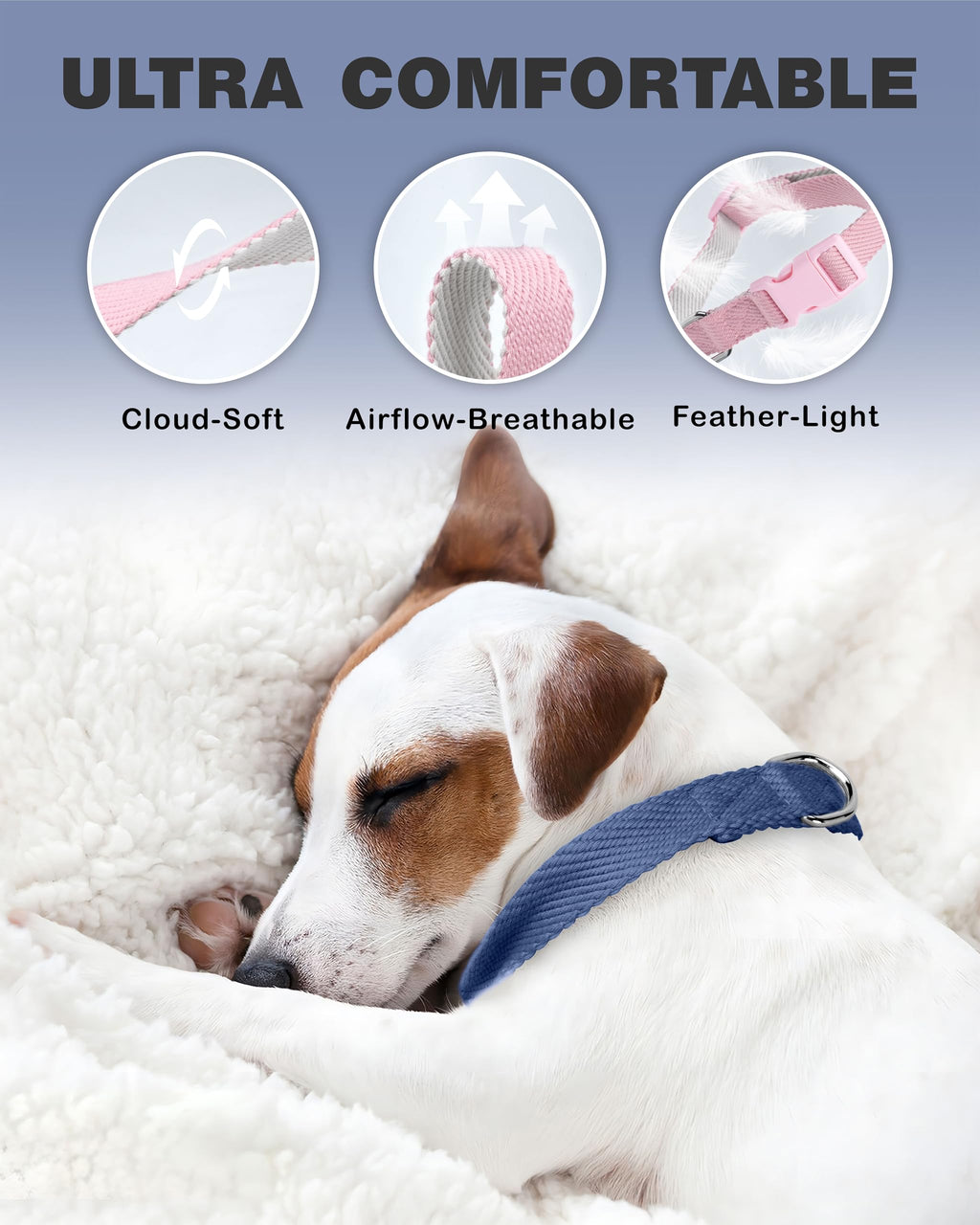Dynmeow Soft and Breathable Cotton Dog Collar, Durable Adjustable Heavy-Duty Pet Collar with Quick-Release Buckle, Lightweight for Sensitive Skin for Medium and Large Dogs, Navy-Blue, M