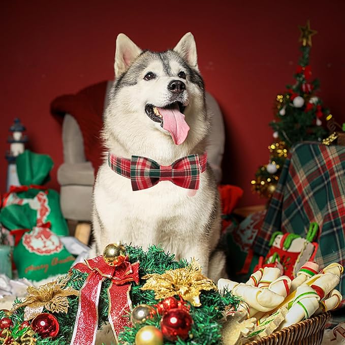 UP URARA PUP Christmas Plaid Dog Collar with Bow Tie– Adjustable Red & Green Checkered Dog Collar for Small Medium Large Dogs, Soft Xmas Plaid Puppy Collars with Quick Release Buckle XS