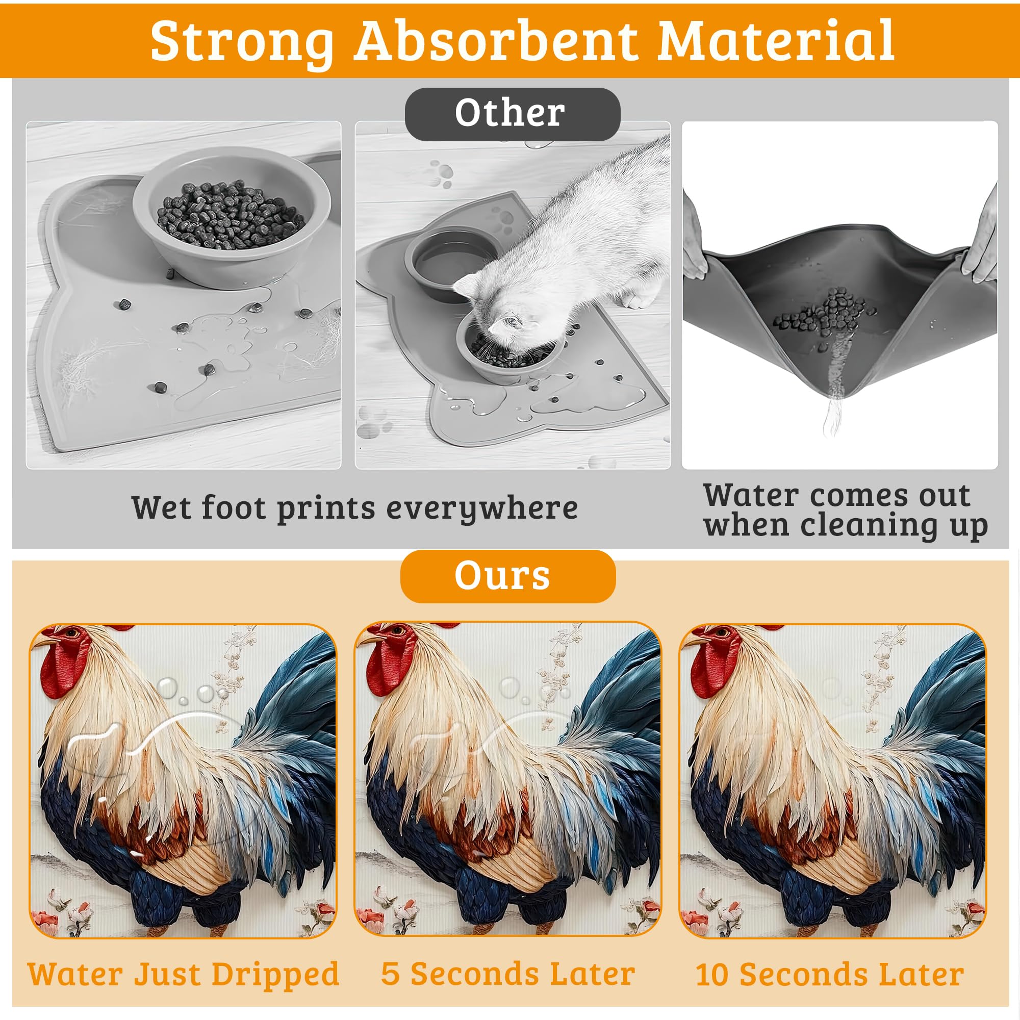 Dog Bowl Mat,Chicken Painting Pet Feeding Mat for Floors Waterproof,Flowers Absorbent Dogs Placemat for Food and Water Quick Dry Pet Cat Feeding Mats with Non Slip Bottom 16" x 24"
