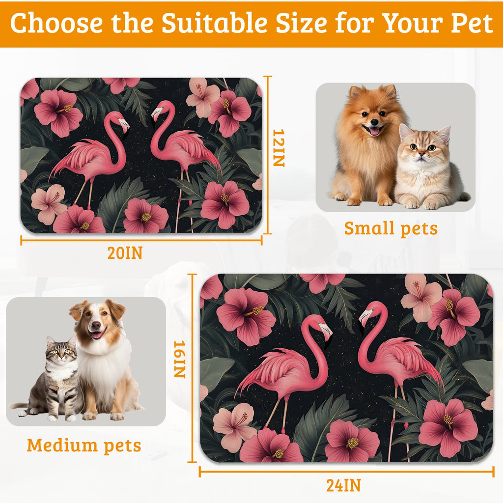 Pet Feeding Mat,Pink Flamingo Absorbent Dog Cat Food Mat Palm Leaves Dog Mat with Rubber Backing,Non-Slip Water Bowl Placemat,Pet Supplies 16" x 24"