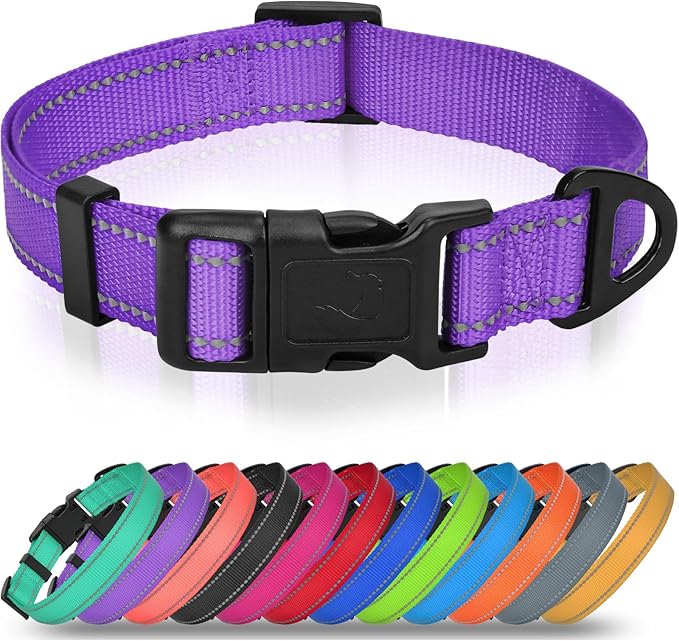 Joytale Dog Collars for Medium Dogs, Comfortable Double-Sided Reflective Nylon Collar for Night Safety, Adjustable Quick-Release for Active Pets, Purple, M (1" Width)
