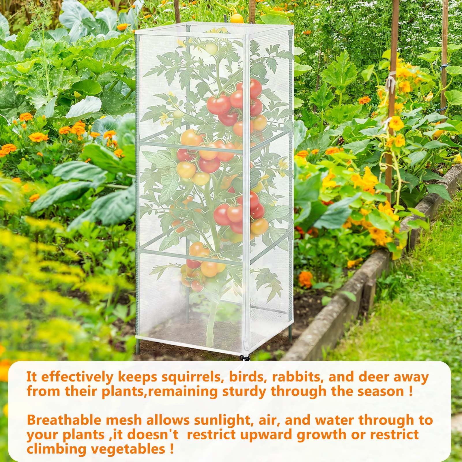 3Pack Garden Netting Cover for Square Tomato Cage, 60"x18.5"Bird Netting Barrier with Zipper Drawstring Tomato Trellis Net Mesh Climbing Plant Cover for Protecting Vegetable Fruits from Animals Insect