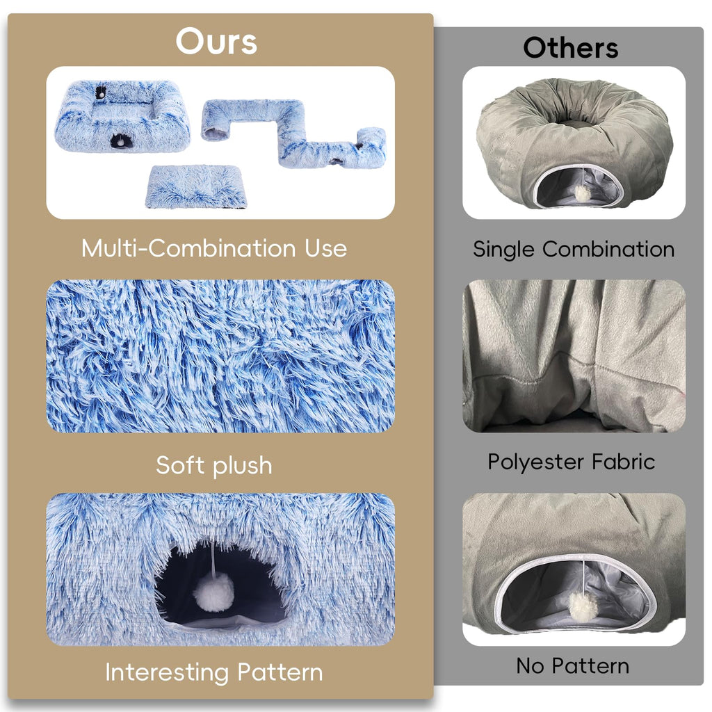 Extra Large Cat Tunnel Bed, 4 Ways Tunnels for Indoor Cats, Multi-cat Family Pet Bed & Cave, Plush Cat Donut with Washable Middle Mat, Exit Balls, Pet Play Toy for Kitten Puppy Rabbit, Blue