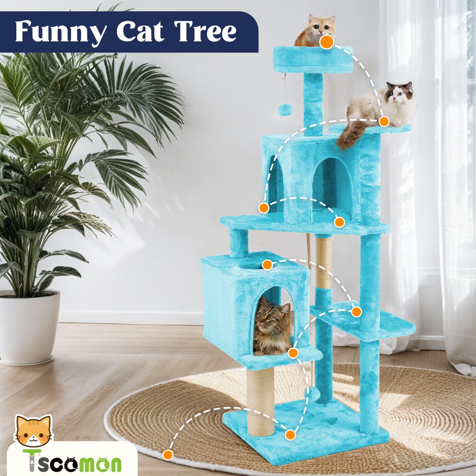 TSCOMON 58.5inch Large Cat Tree Tower Condo for Indoor Cats, Soft Plush Multi-Level Climbing Tree Cat House, Scratching Post, More Entrance/Exit, Sisal Rope, Peacock Blue
