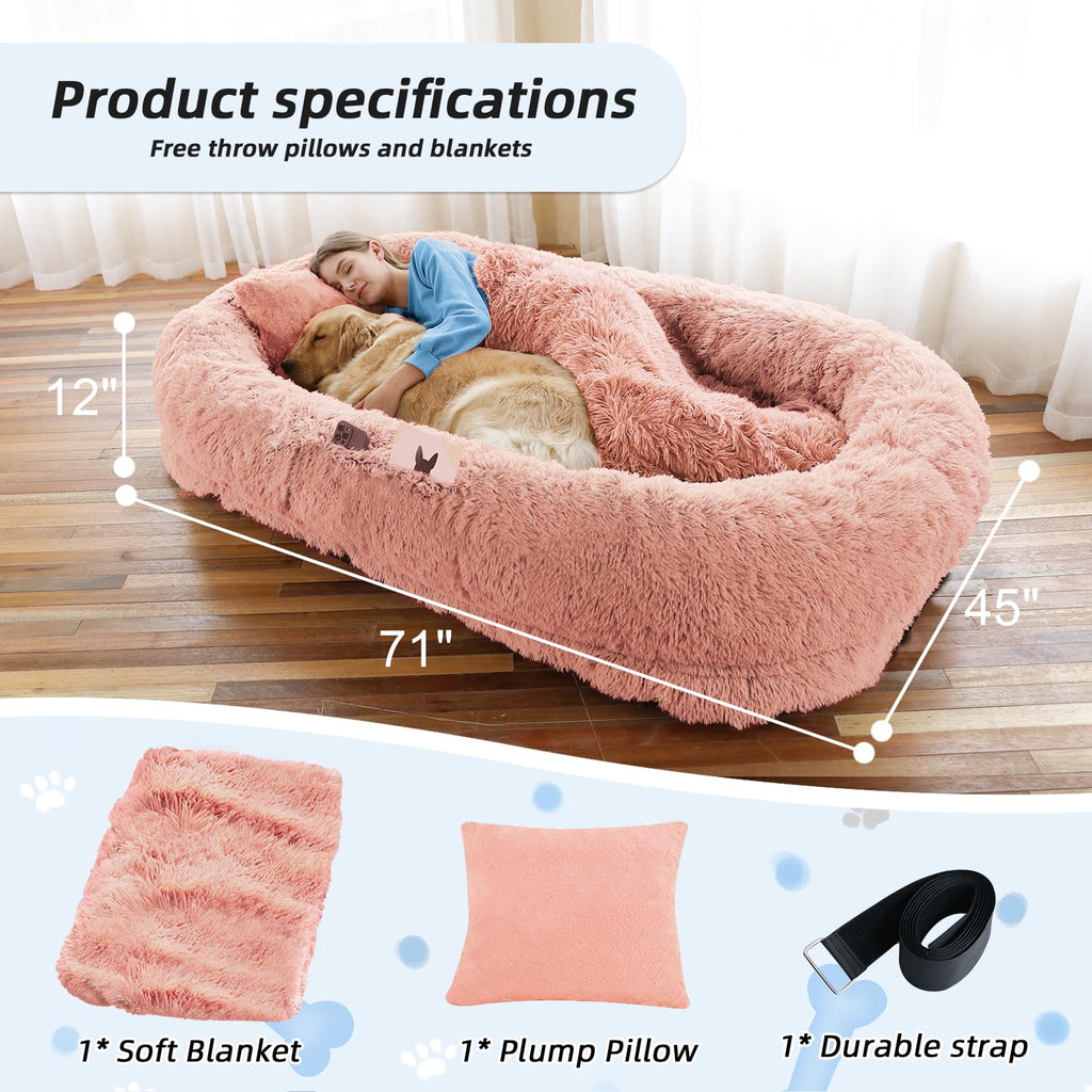 Human Dog Bed, 71''x45''x12'' Size Fits You and Pets, Washable Faux Fur Pet Bed for People Doze Off, Napping Orthopedic Dog Bed, Present Plump Pillow, Blanket, Strap - Pink