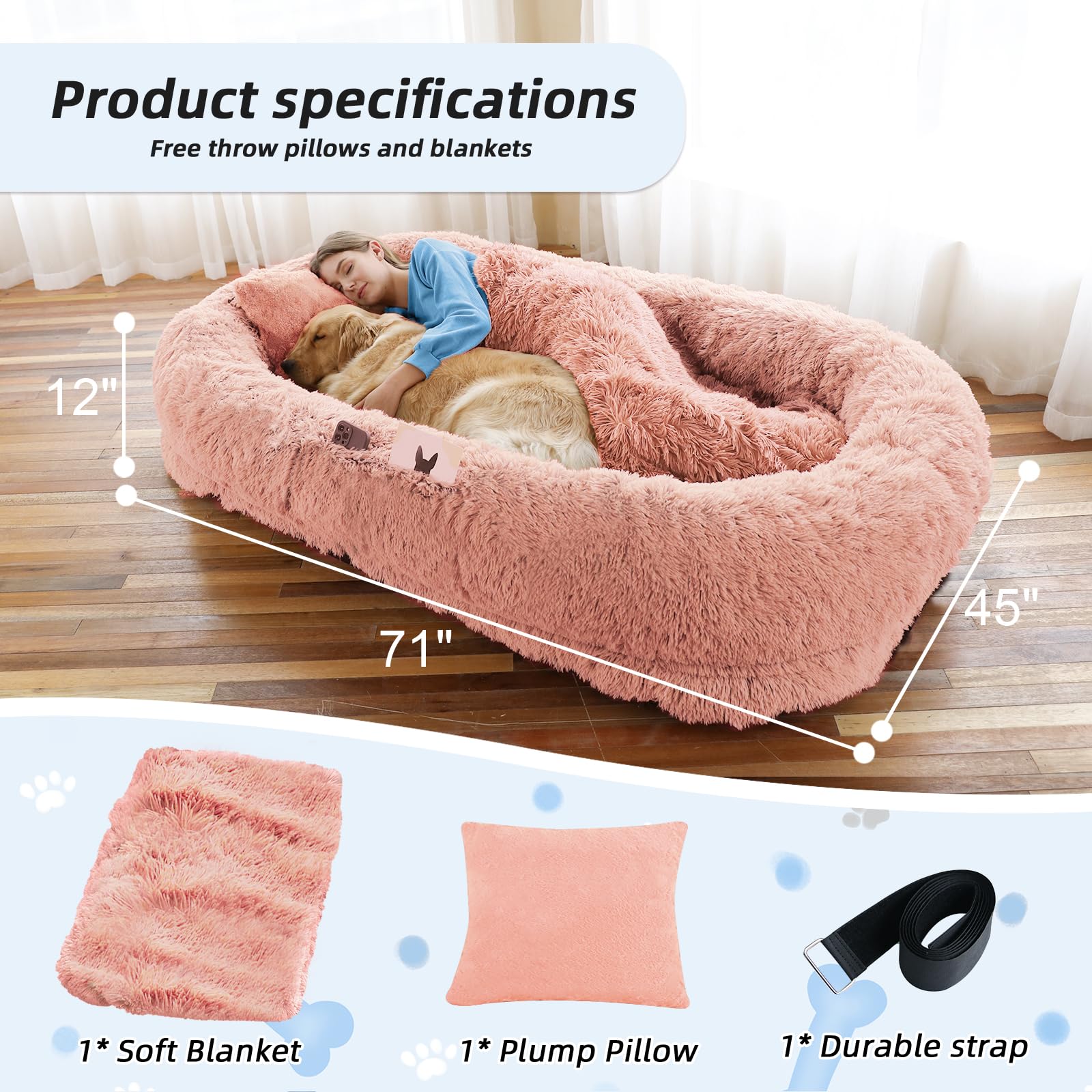 Human Dog Bed, 71''x45''x12'' Size Fits You and Pets, Washable Faux Fur Pet Bed for People Doze Off, Napping Orthopedic Dog Bed, Present Plump Pillow, Blanket, Strap - Pink