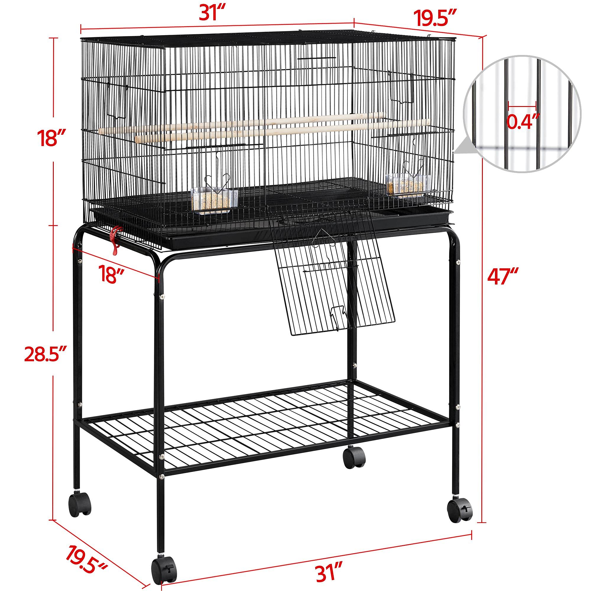 Yaheetech 47-inch Rolling Breeding Flight Bird Cages for Parakeets Budgies Finches Cockatiels Conures Lovebirds Canaries Parrots w/Detachable Stand, Black