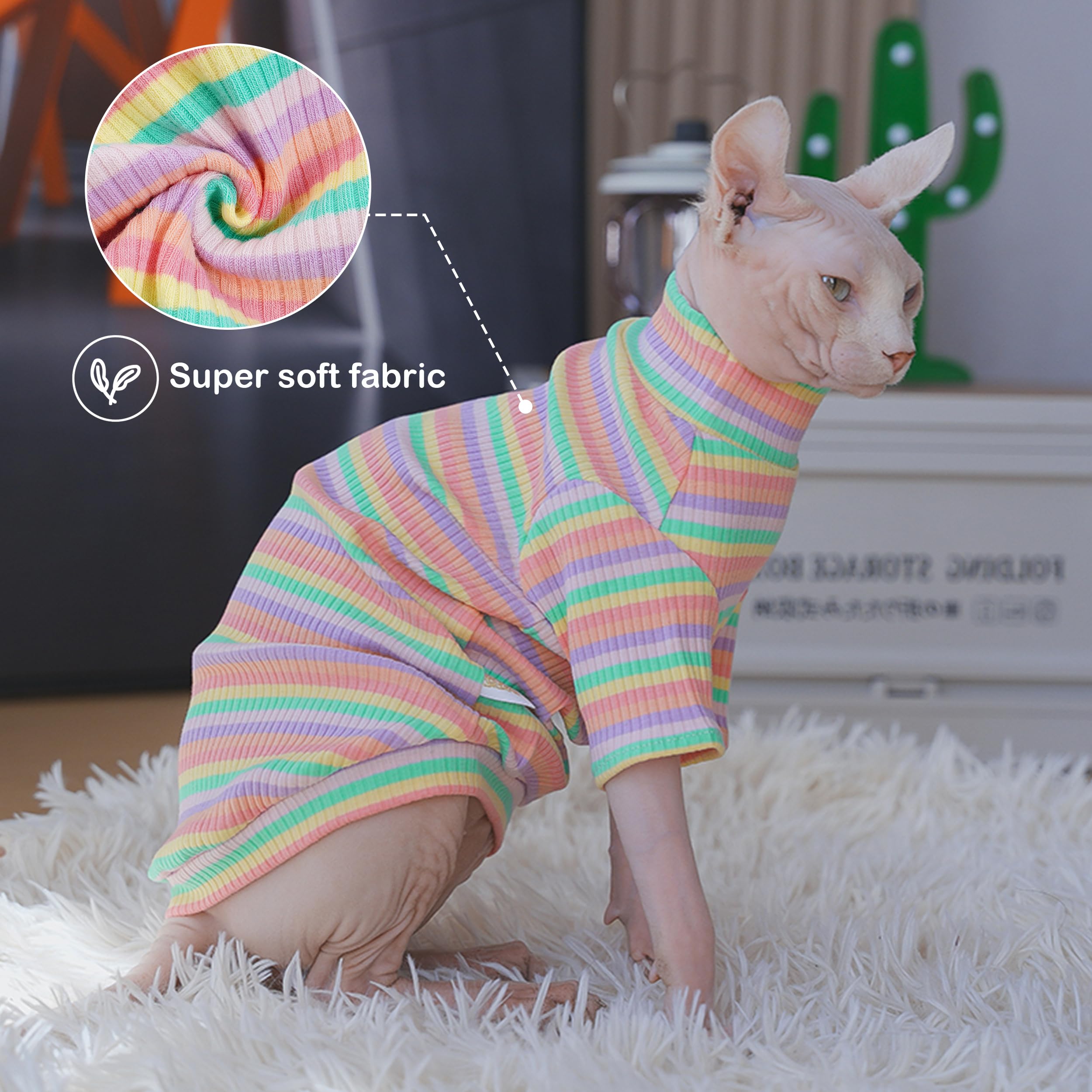 PUMYPOREITY Soft Hairless Cats Clothes - Rainbow Stretchy Cat Sweater, Pullover Jumpsuit, Turtleneck Outfit for Sphynx, Cornish Rex, Devon Rex, XS