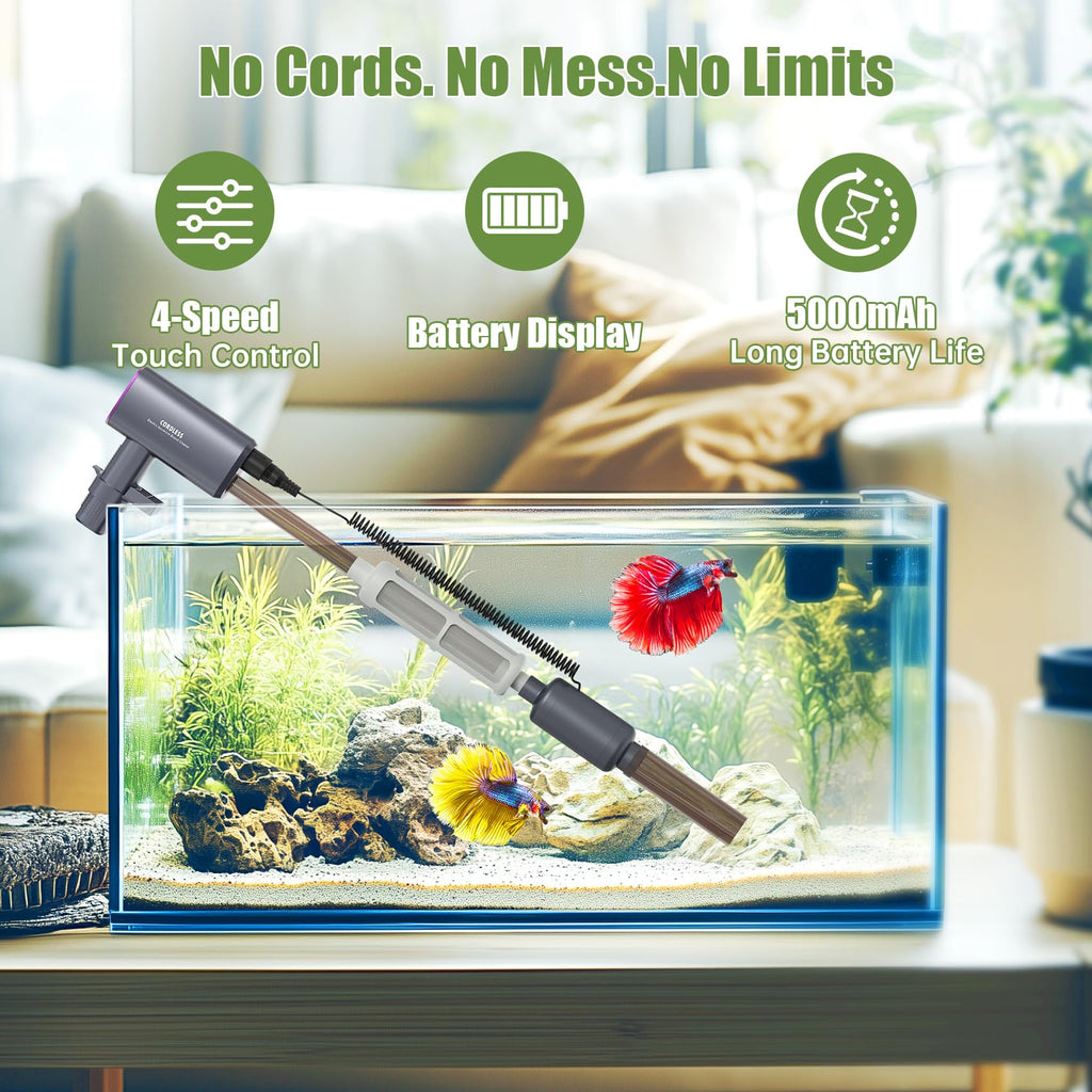 Cordless Aquarium Gravel Cleaner Vacuum, 36W Electric Fish Tank Cleaner