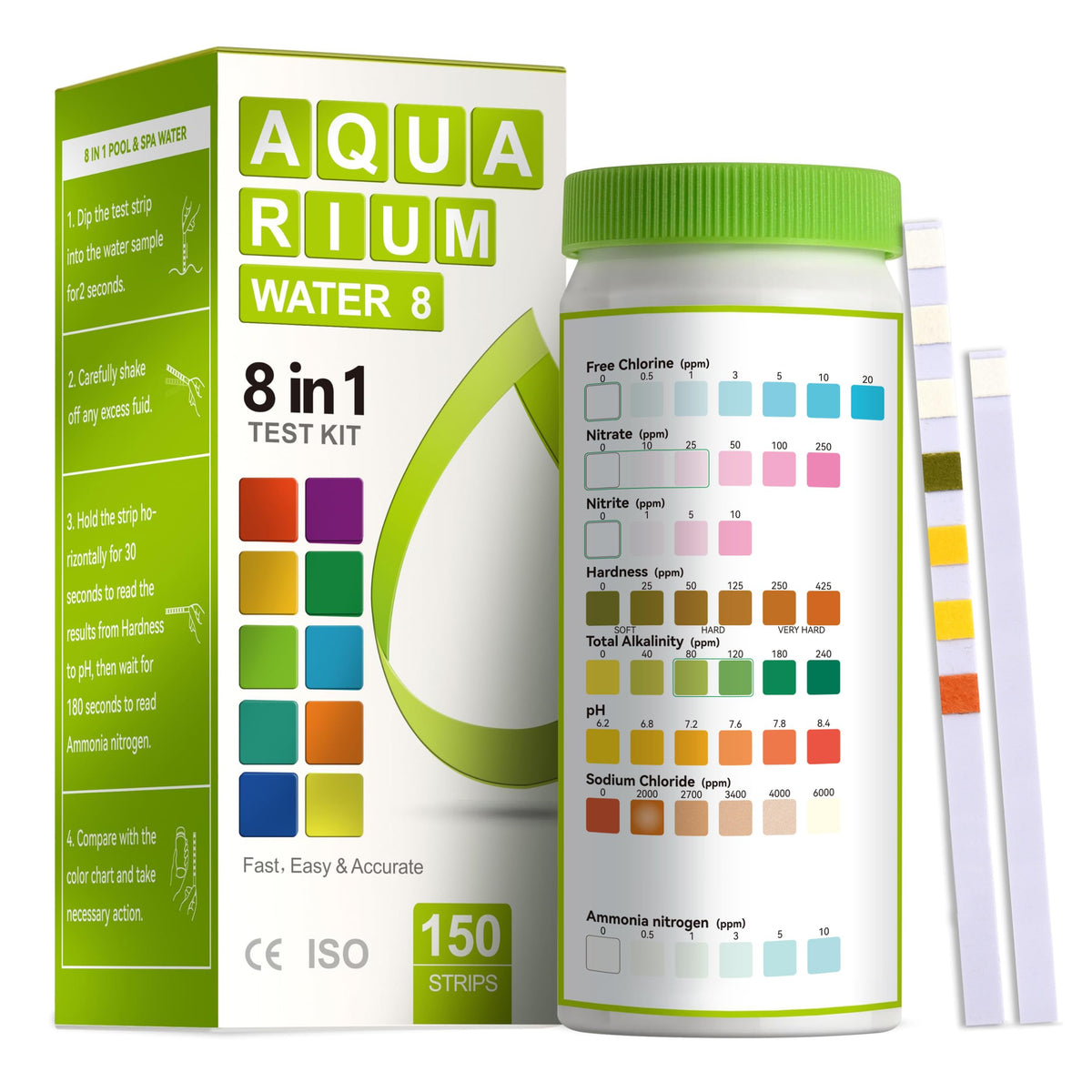 AAwipes Aquarium Ammonia Test Strips 8-in-1 |100 Strips | Quick & Accurate Water Testing for Freshwater & Saltwater Tanks -Test pH, Sodium Chloride, Alkalinity, Hardness, Chlorine etc. (K02-100)