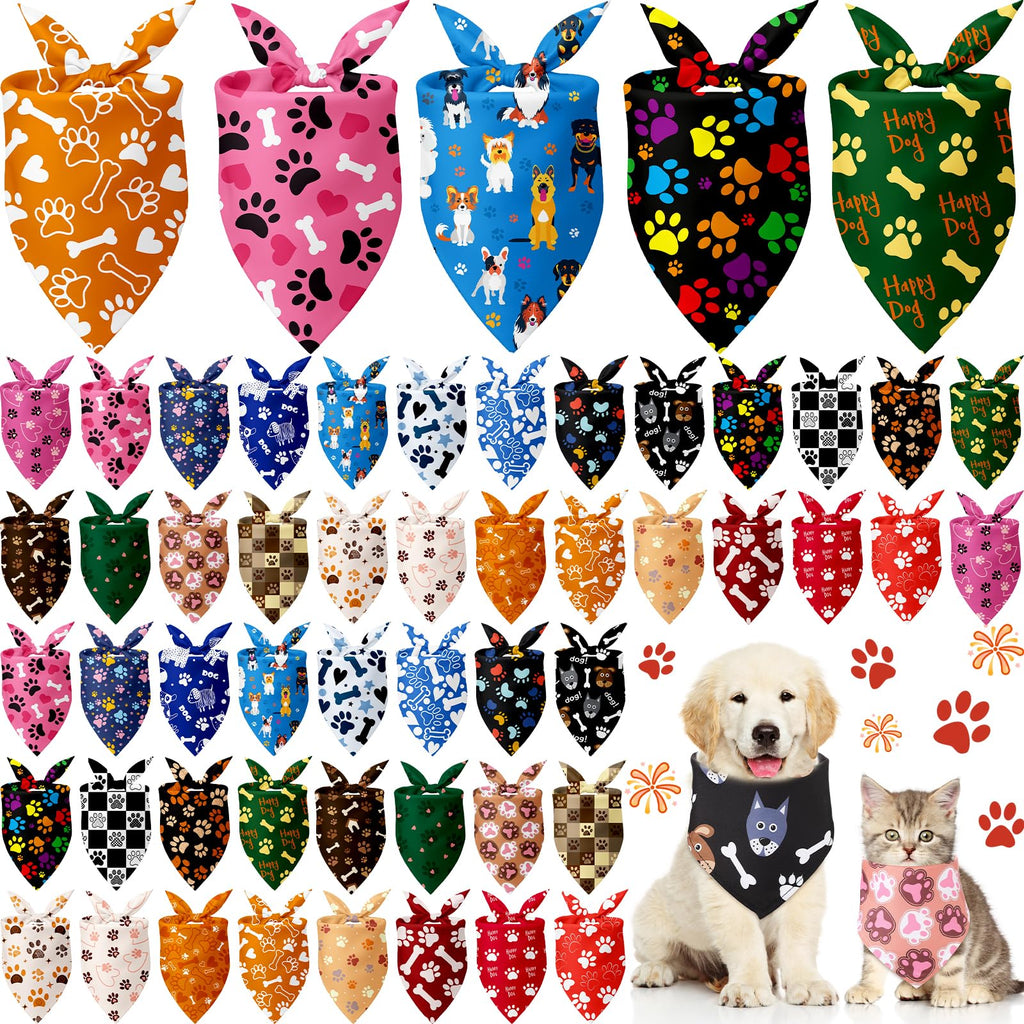Kacctyen 50 Pcs Dog Bandanas Bulk Bandanas for Dogs Grooming with Dog Paws Pattern Adjustable Pet Triangle Scarf Bib Washable for Small Medium Large Puppy Cats Pets Costume Accessories