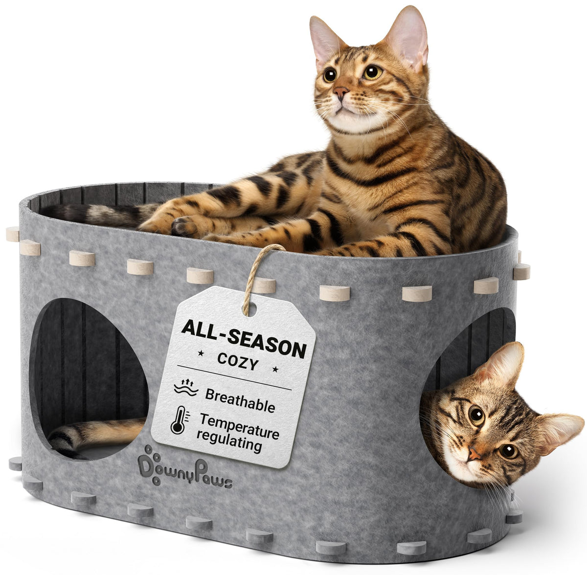 DownyPaws Cat House for Indoor Cats,Peekaboo Cat Bed Cave, Light Gray