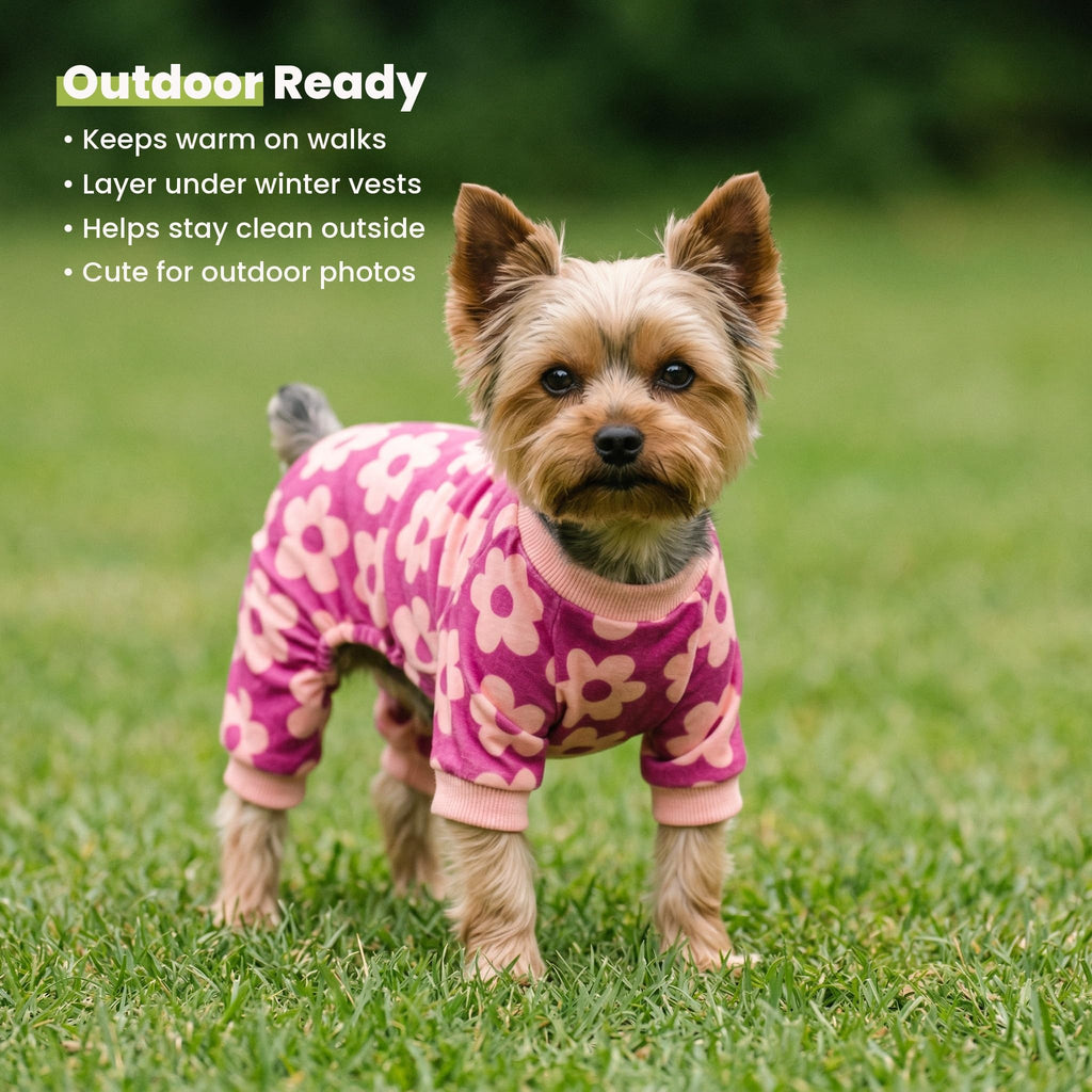 Fitwarm Flower Fleece Dog Pajamas, Warm Winter Dog Clothes for Small Dogs Girl, Cozy Pet Onesie with Feet, Pink, Small