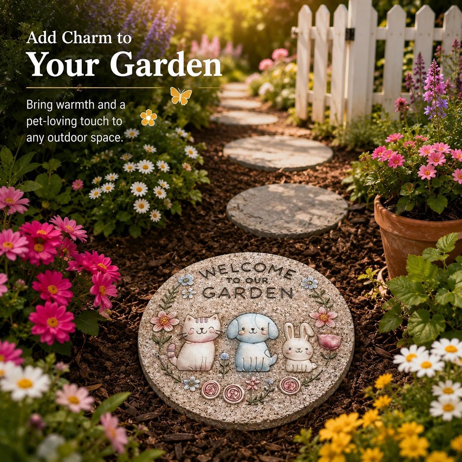 Bechivie Garden Stepping Stones Outdoor, 9.8" Resin Pet Cat Dog Bunny Stepping Stone for Walkway Gardening Gifts, Spring Decorative Round Welcome to Our Garden Home Decor for Outside Yard Patio Lawn