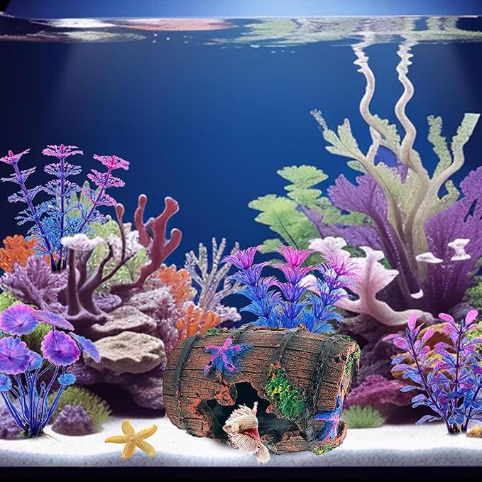 GOFYLIN Fish Tank Decoration for Aquarium Tank, Betta Fish Tank Accessories Starfish Barrel x 1pc, Aquarrium Decor Aquatic Plants x 4pcs, Aquarium Decor Starfish x 1pcs.