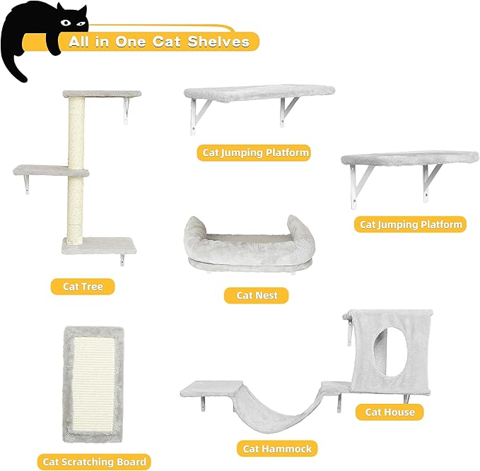 NUNU LAB Wall Mounted Cat Furniture Set - 6 Pcs Climber Set with House, Bridge, Steps, Scratcher Board - DIY Walls Playground, Indoor Cat Shelves - Gray