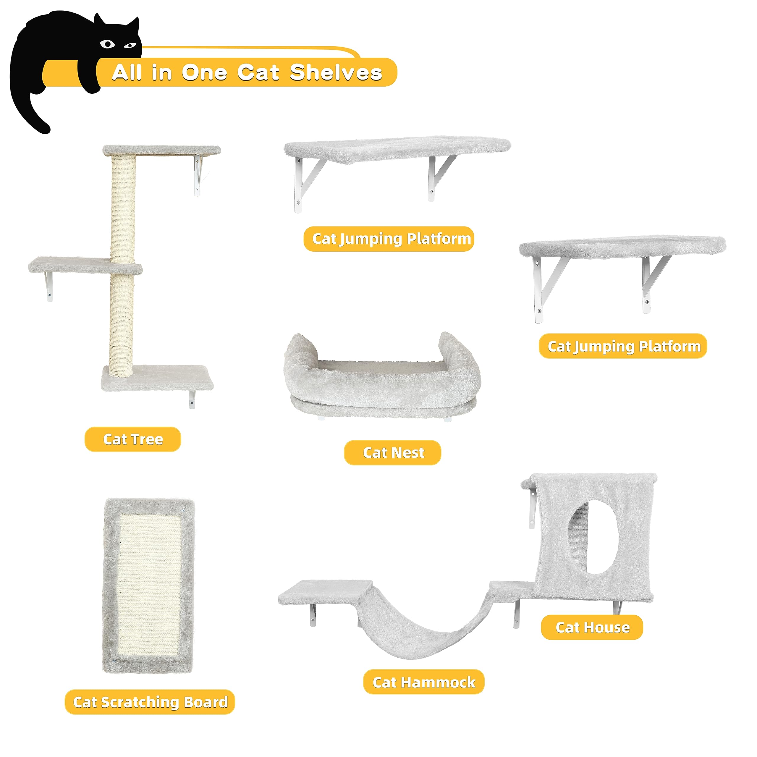 NUNU LAB Wall Mounted Cat Furniture Set - 6 Pcs Climber Set with House, Bridge, Steps, Scratcher Board - DIY Walls Playground, Indoor Cat Shelves - Gray
