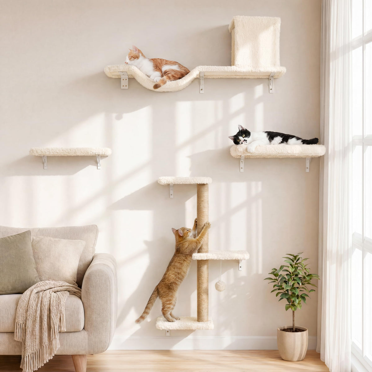 FUKUMARU Cat Wall Shelves, 4 in 1 Set, Beige
