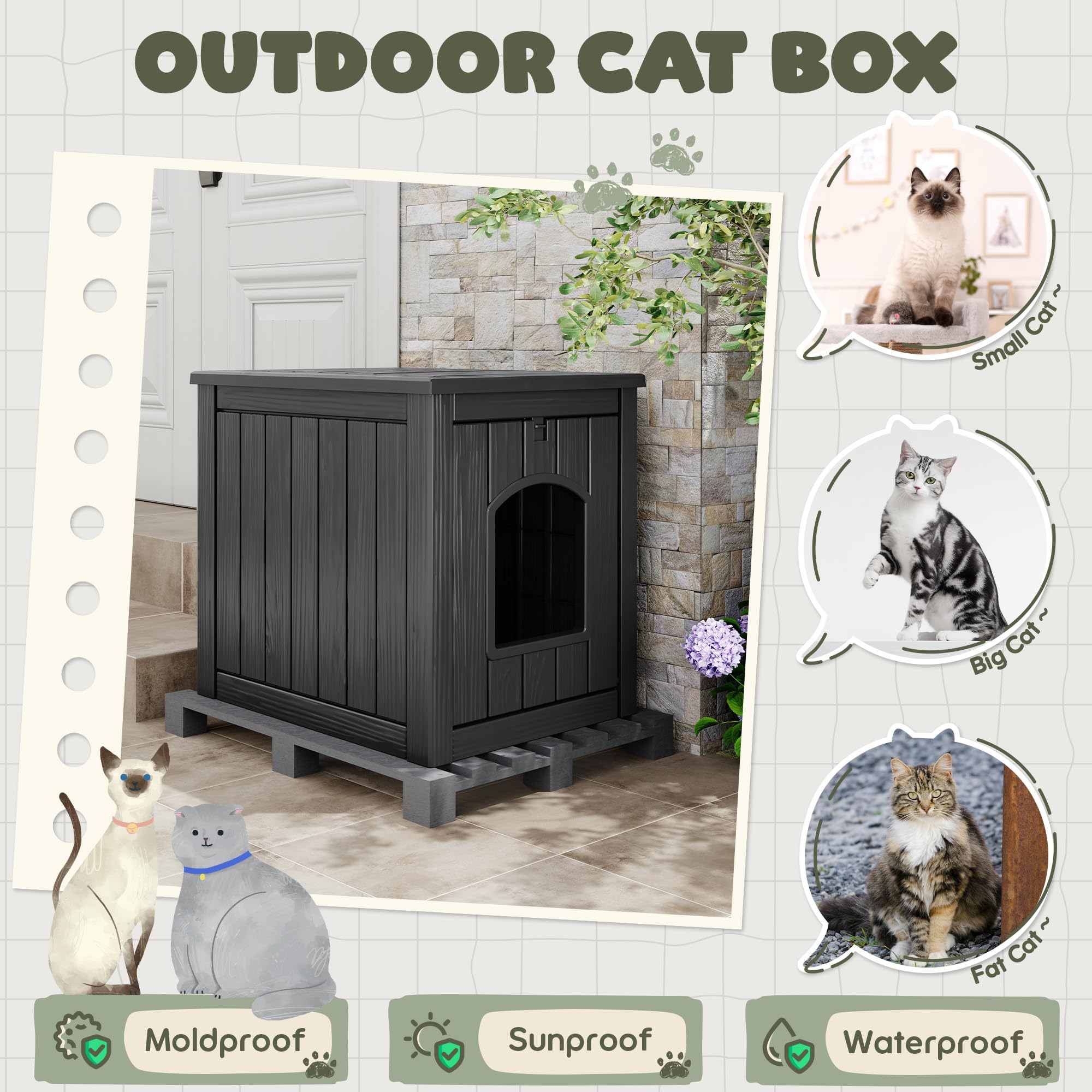 WTFGO Litter Box Enclosure, Waterproof & Weatherproof Plastic Cat House for Indoor Outdoor Use, Multi-Functional Hidden Litter Box Furniture for Living Room, Backyard, Patio, Garage (Black)