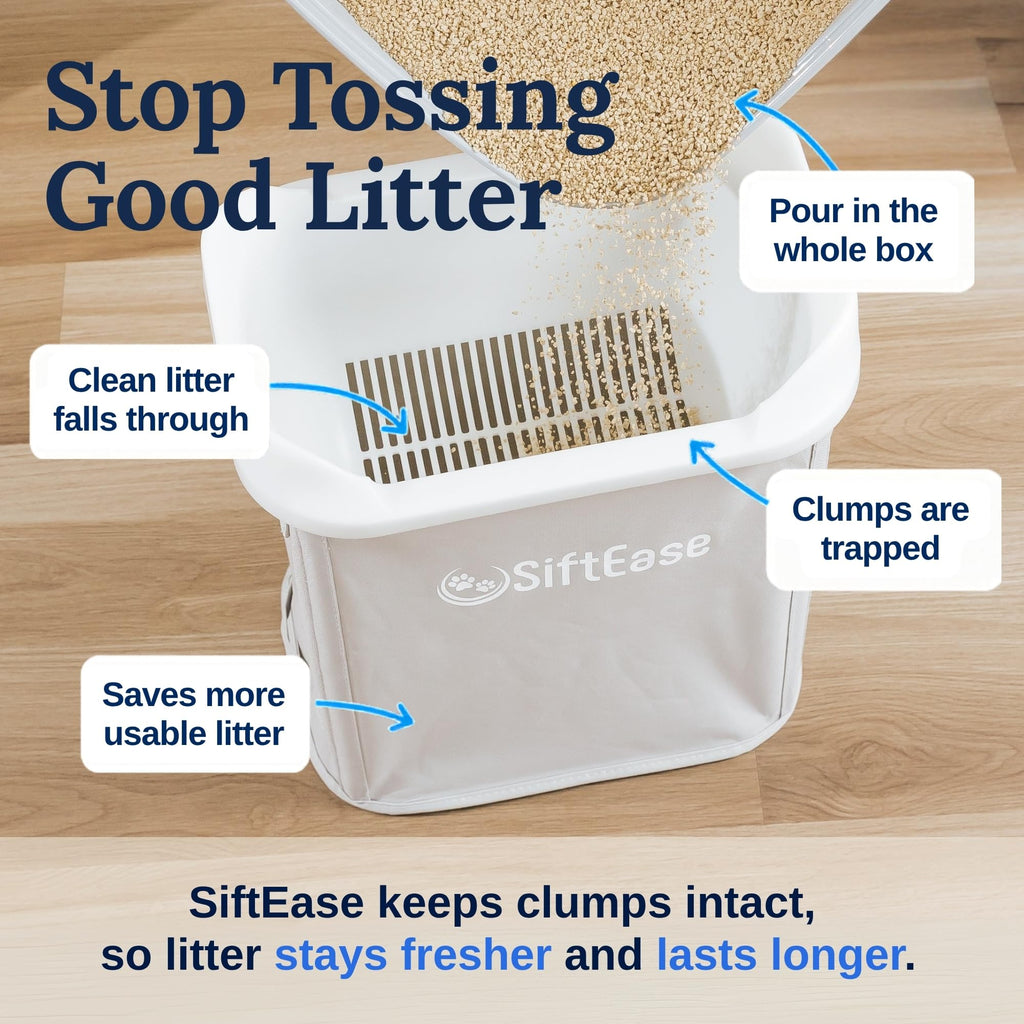 Cat Litter Sifter - SiftEase Litter Box Sifting, Fast Scoop Free Cleaning, Large Sift with Bin for Longer Lasting Litter, Easy Clean Sifting Litter Box Cleaner (Light Grey)
