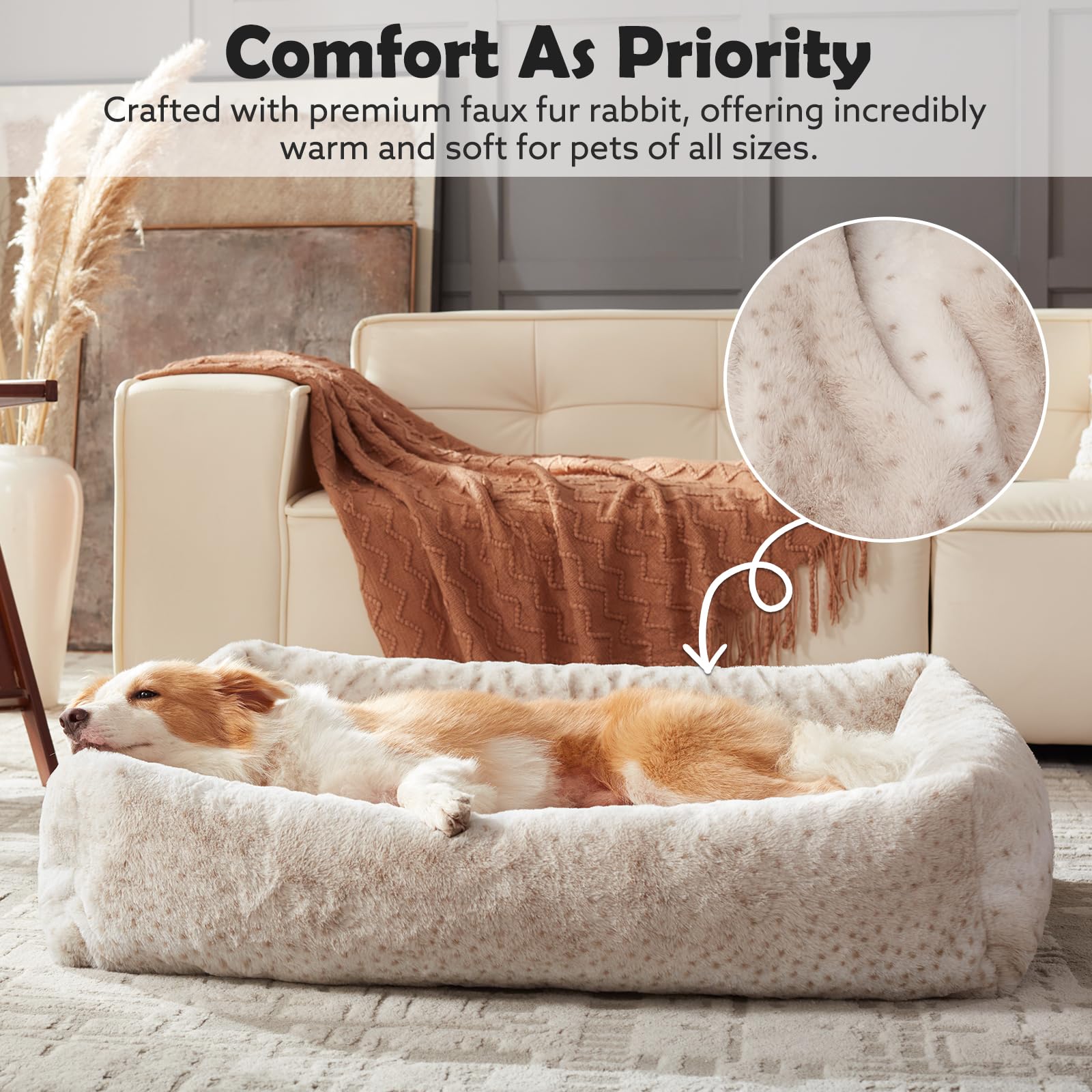 JOEJOY Large Dog Beds Large Sized Dog, Removable Washable Cover Orthopedic Soft Faux Rabbit Fur Pet Bed, Anti-Slip Fluffy Plush Faux Rabbit Fur Puppy Bed, 36"x27"x8", Leopard Print, Beige