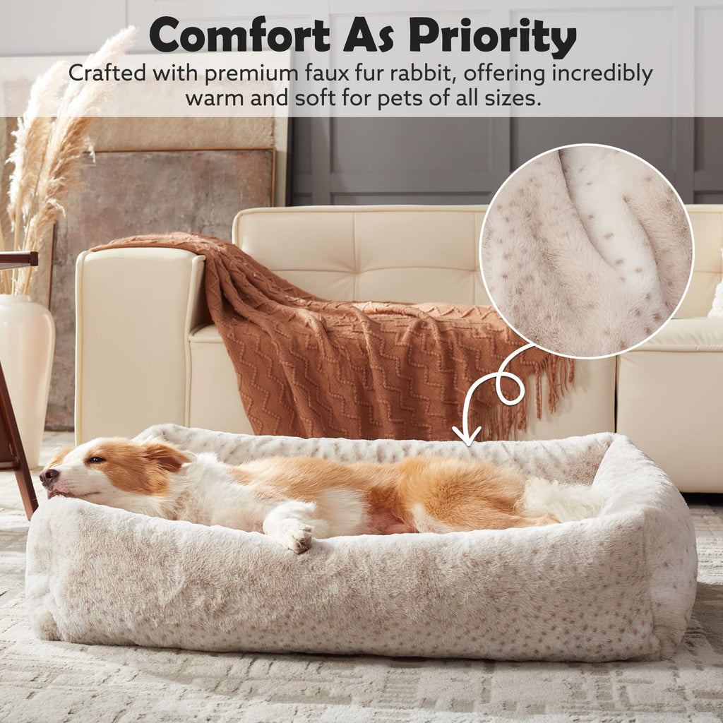 JOEJOY Dog Bed Medium Size Dog, Removable Washable Cover Orthopedic Soft Pet Bed, Anti-Slip Fluffy Plush Faux Rabbit Fur Puppy Bed, 30"x24"x8", Leopard Print, Beige