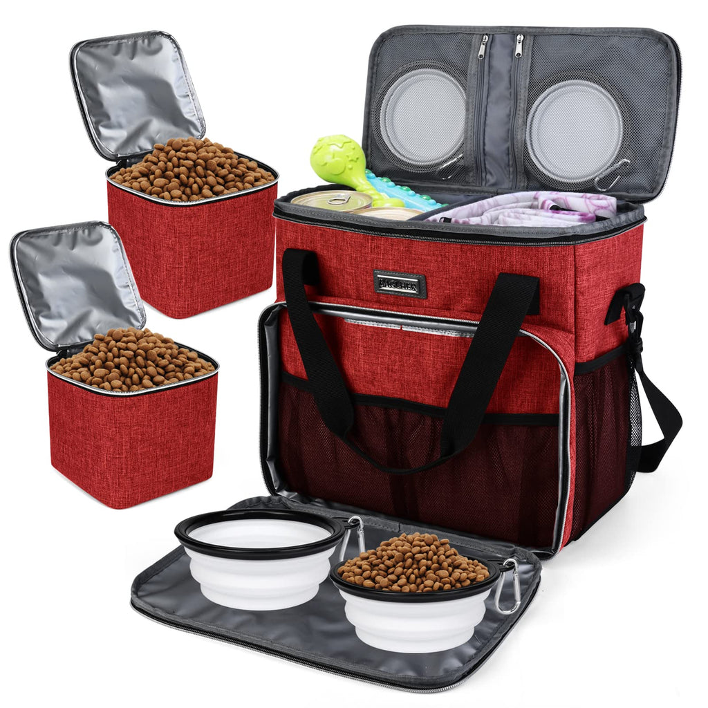 BAGLHER Dog Travel Bag, Pet Travel Bag (ALL Pet Travel Supplies), With 2 Pet Food Containers and 2 Collapsible Silicone Bowls; Essential Kits for Travel Red