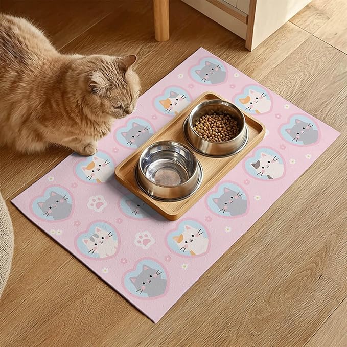 Cat Feedings Mats 20x12 inch Pink Kitten Print Pet Bowl Placemat Non Slip Mat for Cat Food and Water Indoor Kitty Feeding Station Cute Cats Meal Mats for Small Pets Kitchen Floor Use