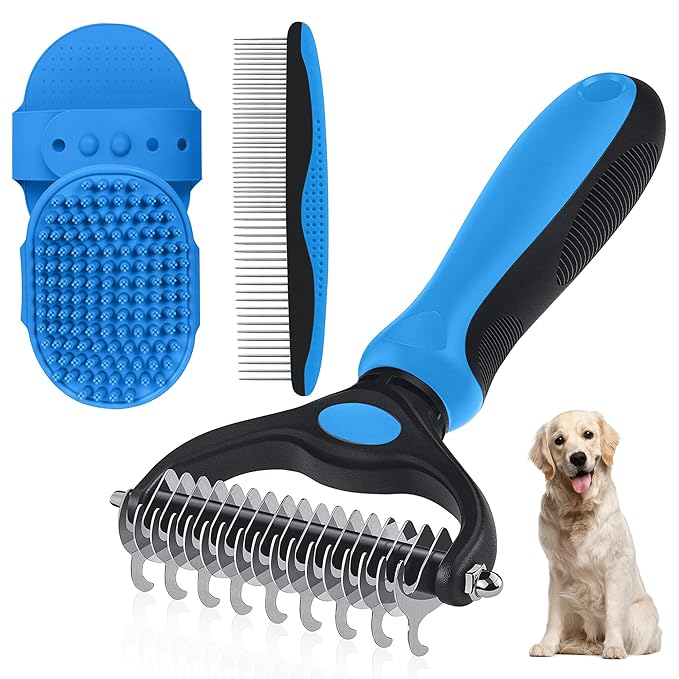 Double-Sided Pet Grooming Rake - 4-in-1 Professional Pet Grooming Kit Deshedding Dematting Tool for Dogs Cats Extra-Wide Grooming Brush & Deshedder Comb for Long & Short Haired Pets (Blue Kit 4PCS)